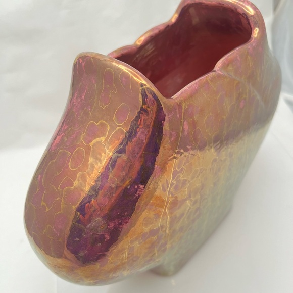 Lusterware Iridescent Glazed Ceramic Vase Planter Pink Gold Accent 8”x10” - Picture 3 of 9